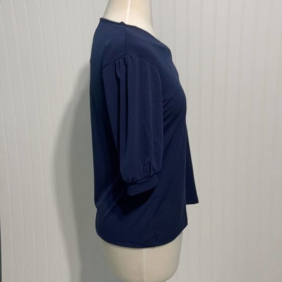 JM Collection Puff Sleeve V-neck Blouse Top Short Sleeve Intrepid Blue Small - Picture 4 of 10